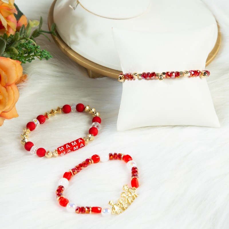 Red Handmade Beads Bracelet Set Stackable Family Custom Name Bracelet