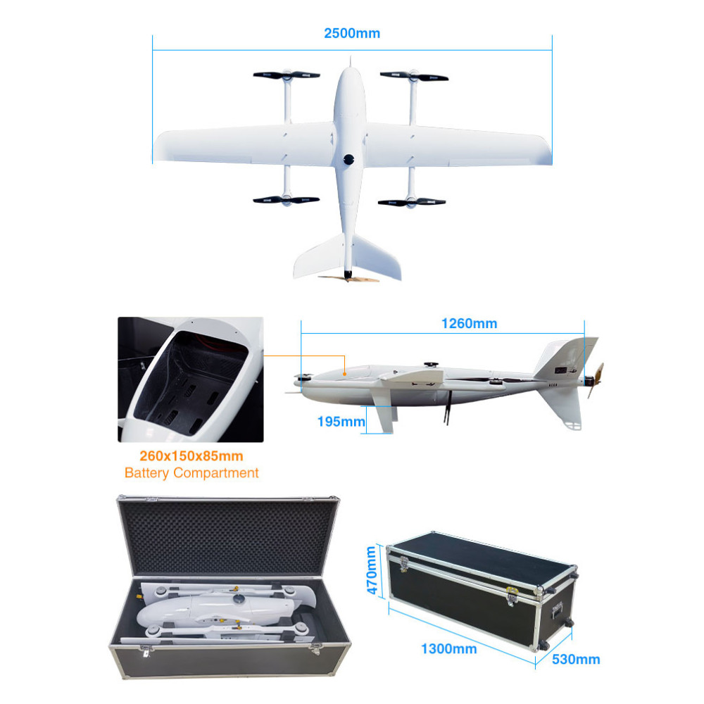 2x25000mAh Lipo 3.5Hours Endurance Long Distance Drone Industrial VTOL UAV Fixed Wing HXAYK-250