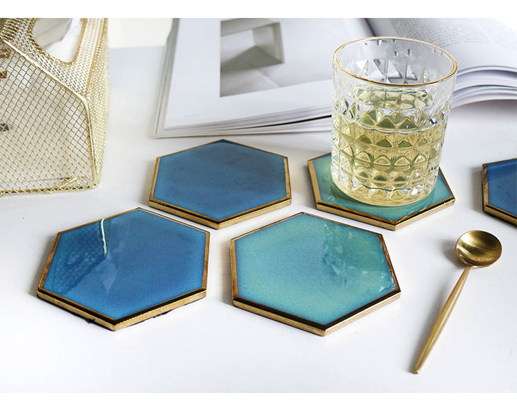 Luxury Custom Ceramic Coasters Hexagon Glass Wine Cup Pad Gold Rim Mat Waterproof Heat Insulated