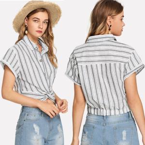 China 2019 Fashion women stripe design blouse with shirt collar wholesale