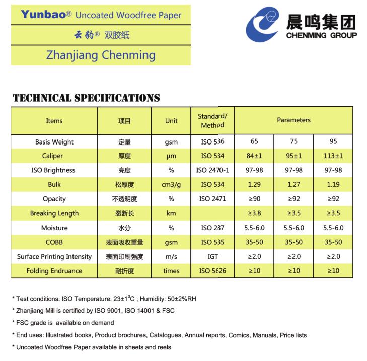 Custom Size 70GSM 80GSM Raw White Bond Paper of Yunbao for Food Wrapping Paper Needs