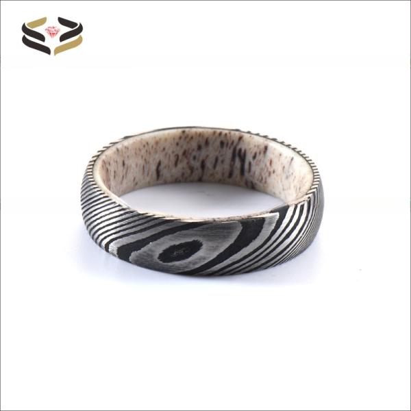 Etched Wedding Damascus Steel Rings 6mm 8mm With Deer Antler Sleeve Inlay