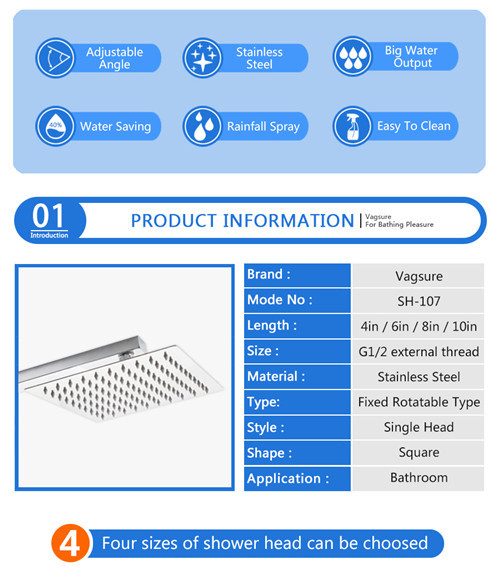 Ultra Thin Stainless Steel Shower Head , Square Rainfall Shower Head Angle Adjustable