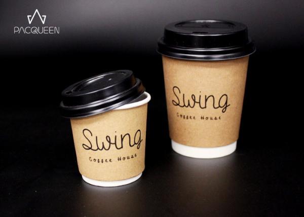 Disposable Double Wall Takeaway Coffee Cups Kraft Paper Outer Layer For Hot