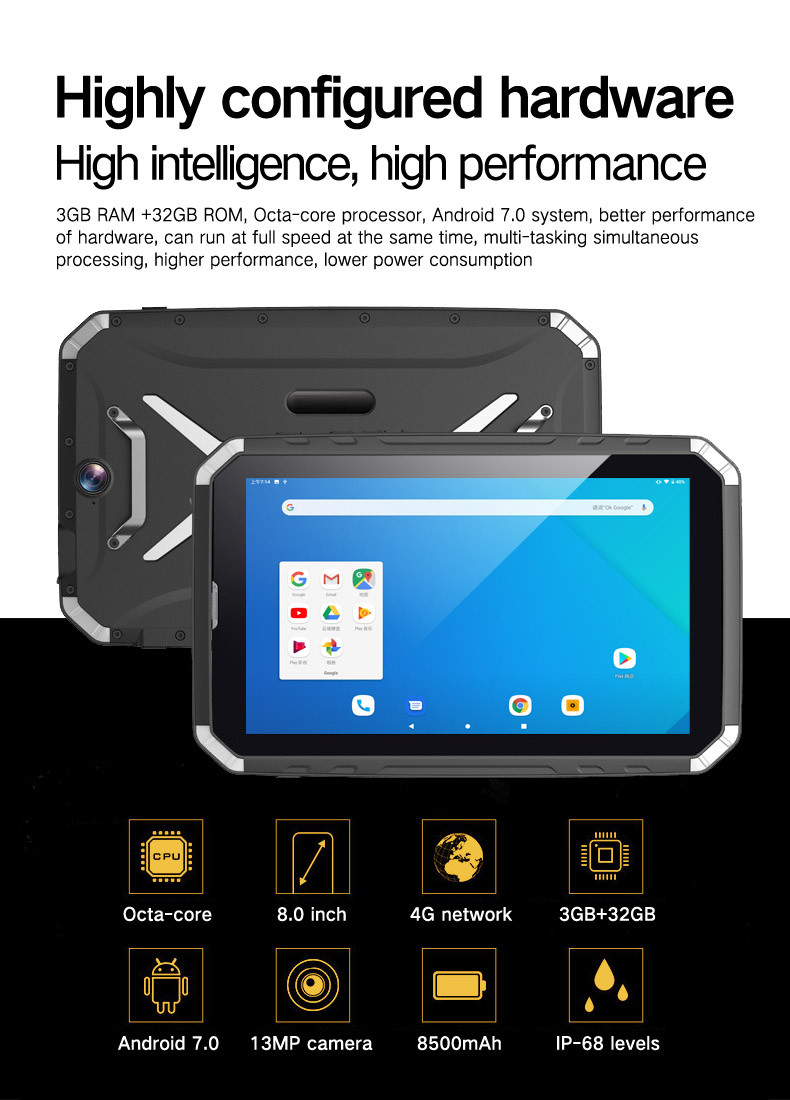 10.1 Inch IP68 Rugged Android Linux Tablet Waterproof Slim PCAP Touch Screen MIL-STD-810G 2.0GHz Qcta-Core GPS BDS RJ45