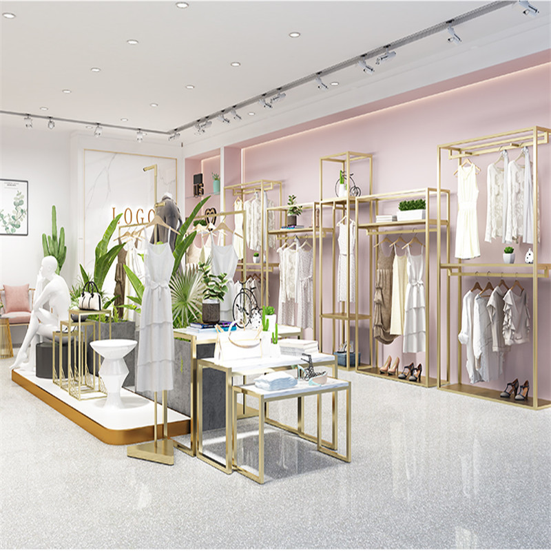 Clothing store display rack stainless steel drawing mirror titanium gold clothes and hats hanging display shelf