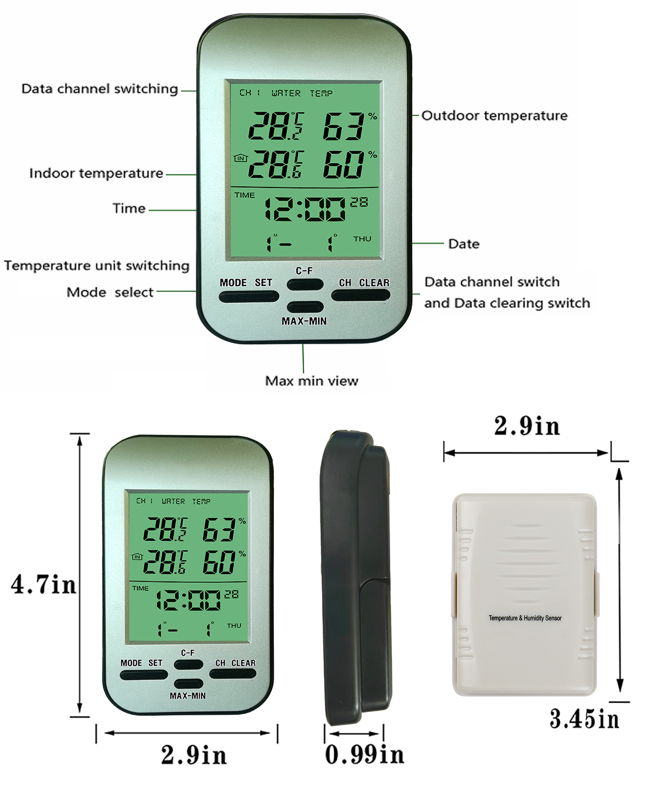 Home Multi-Room LCD Screen Wireless Temperature And Humidity Sensor With Alarm Clock