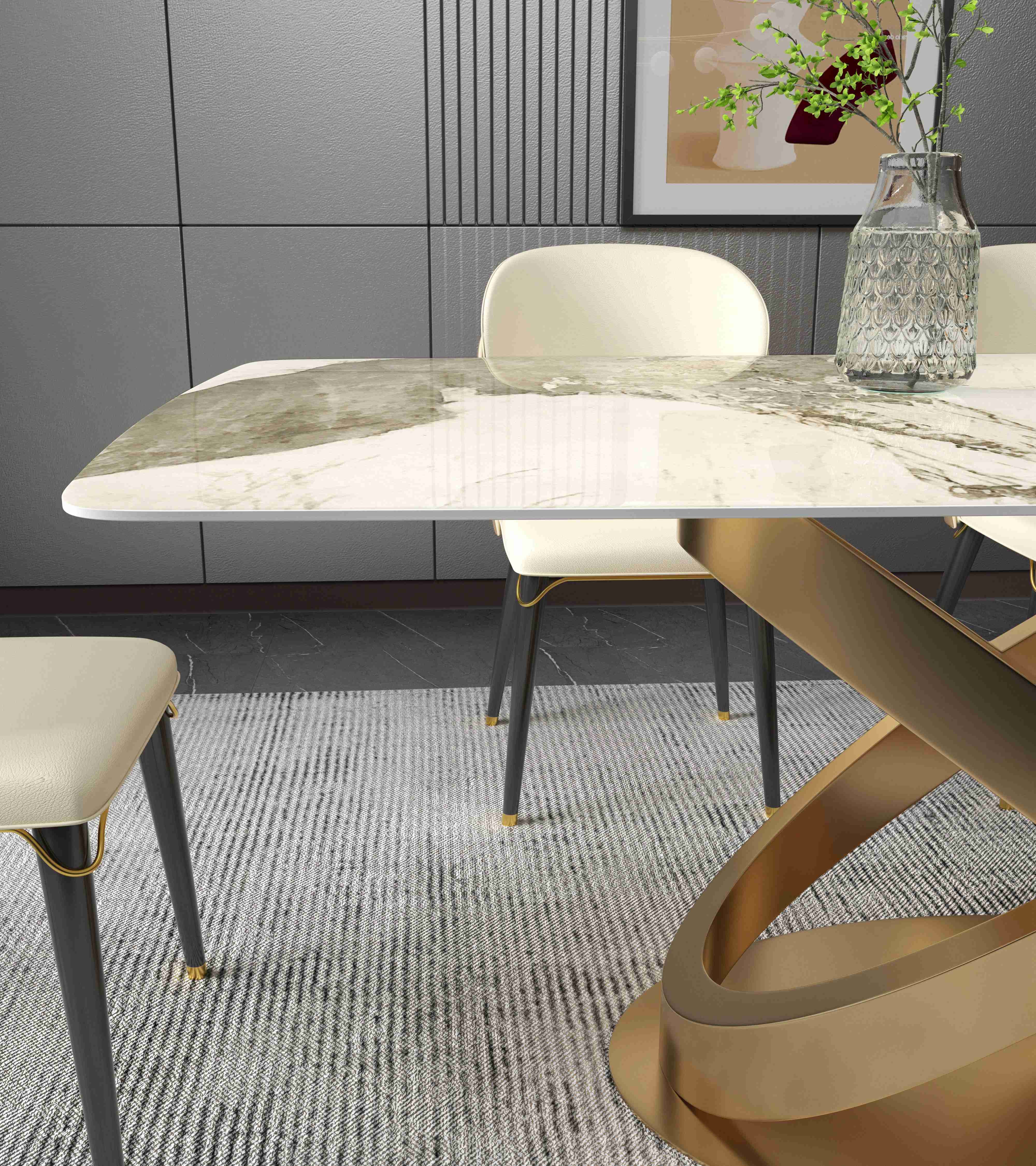 White Rectangular Stone Dining Table Chair Sets Bronze Pedestals