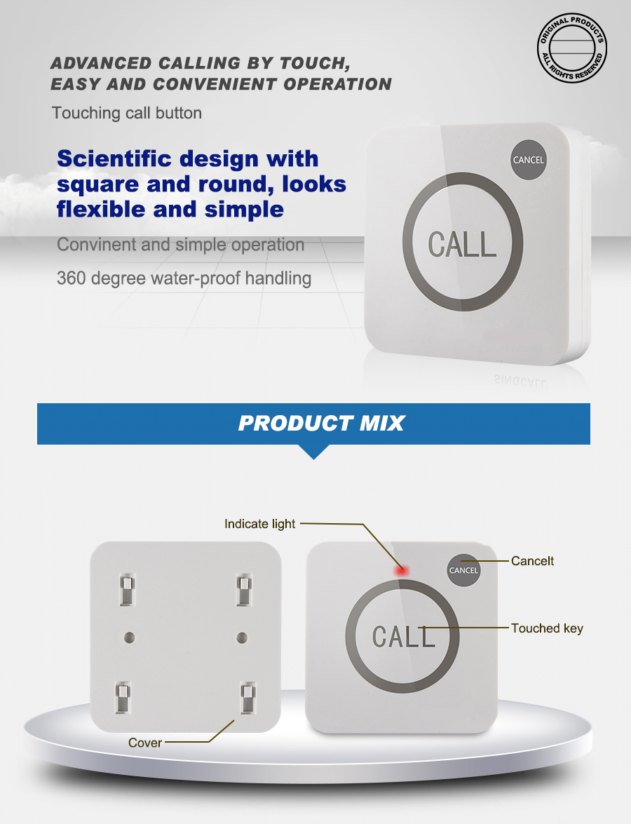 New design one key touch button guest call service system for hotel