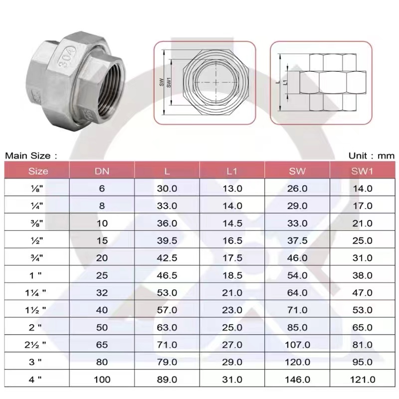 Silver 201 304 316 Union Flat Female to Male NPT BSPP BSPT Stainless Steel Connection