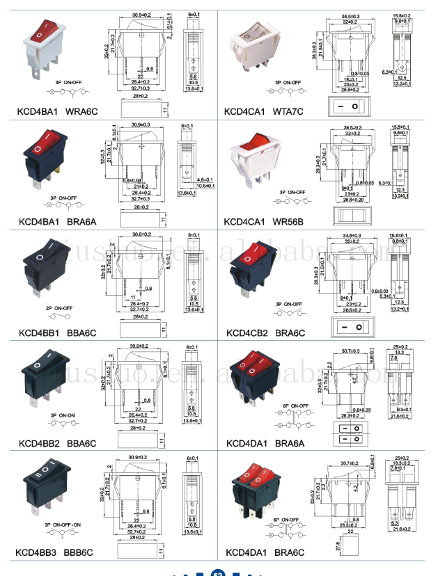 3 Way 3P Red Button T85 Oval Rocker Switch With Various Levers And Terminals