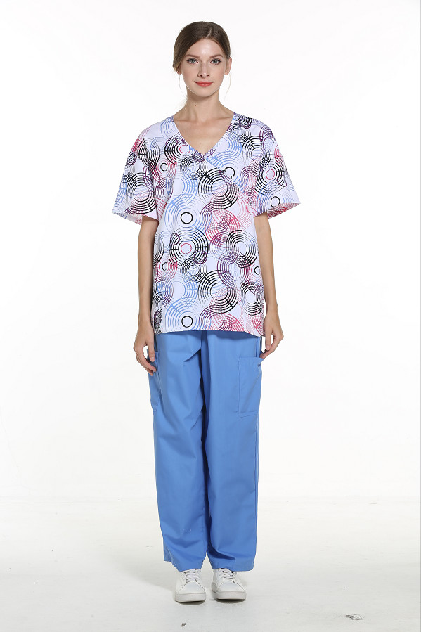 155 GSM V Neck Rolled Collar Nurse Print Short Sleeve Medical Uniform Wrinkle-free