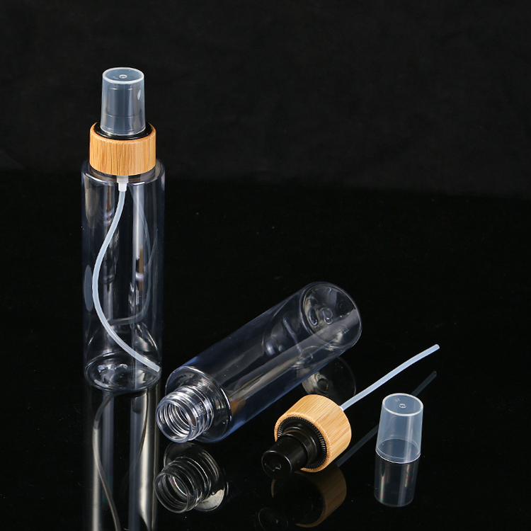 Body Material PET 100ml 120ml 250ml Empty Clear Plastic Bottle with Fine Mist Bamboo Black Sprayer for Cosmetic Packaging