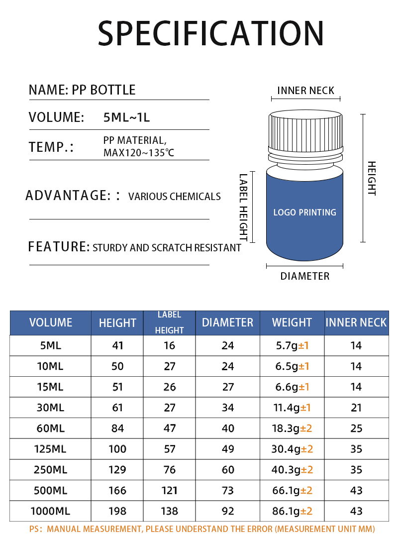 1L Transparent PP Thicken Plastic Chemical Reagent Lab Leakproof Bottles with Screw Lid