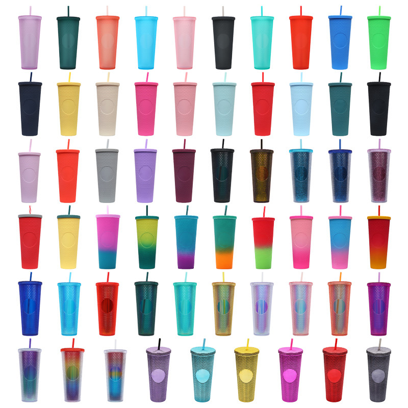 Double Wall Insulation 24oz Studded Tumbler Diamond Durian Pineapple Plastic Matte Black Studded Cup Coffee Tumbler With Lid Straw Fashionable