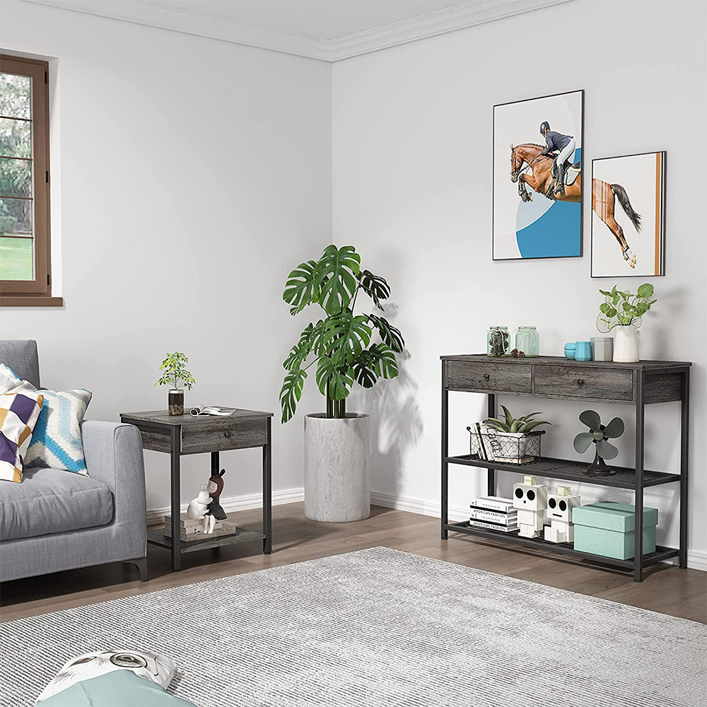 Customized Metal Frame Farmhouse Style Nightstands Gray Wood