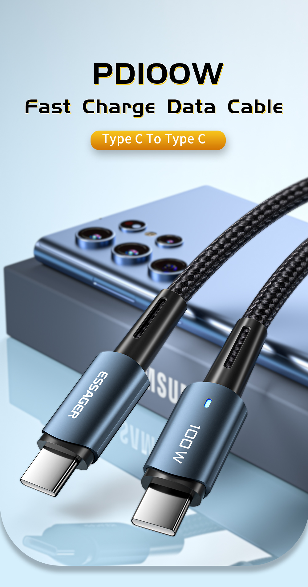 Essager 2022 Sunset USB charging Data Cable 100W 60W Type C to Type C Cable For Mbk Huawei