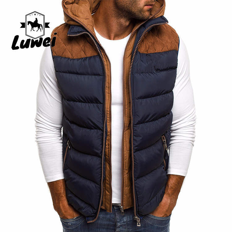 Customized Sleeveless Zip Up Winter Polyester Utility Cotton Men's Quilted Hooded Bomber Vest with Hoody