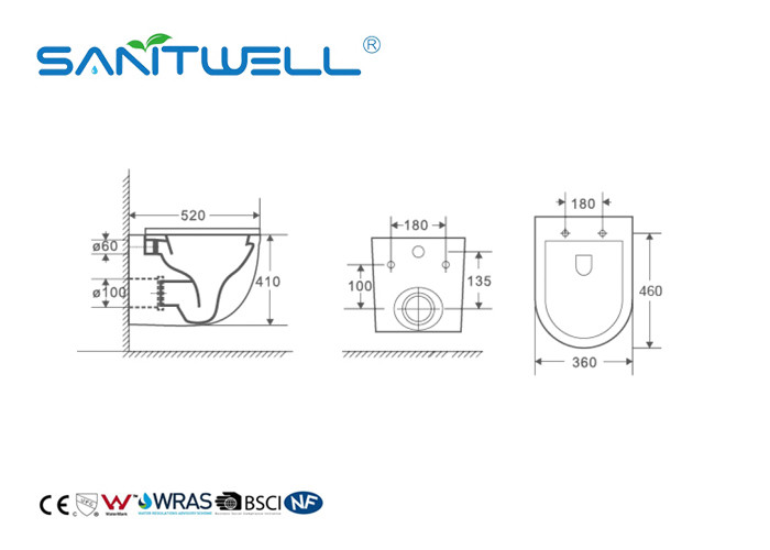 Fashionable Rimless Wall Hung Toilet European Style For Bathroom 520 * 360 * 410mm