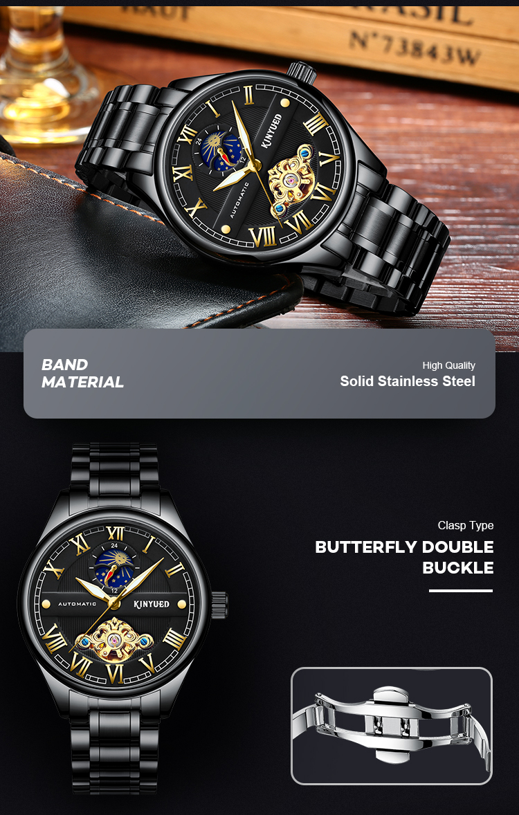 KINYUED luminous moon phase luxury black watch tourbillon automatic mechanical watch for men