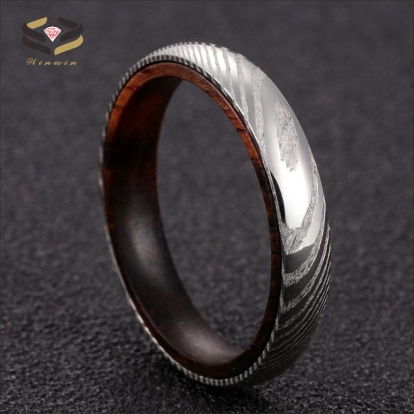 Stylish 4mm Damascus Steel and Rosewood Inner Wedding Bands for Newlywed Couples