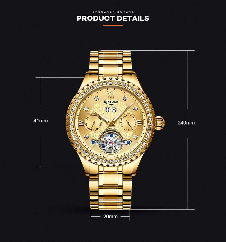 KINYUED Luxury Brand Watches Chronograph Men Sports Stainless Steel Waterproof Mechanical Watch
