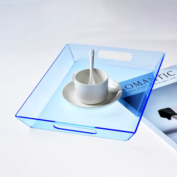 Custom Blue Acrylic Serving Tray Lucite Fruit Tray Modern Style Polished Rectangular