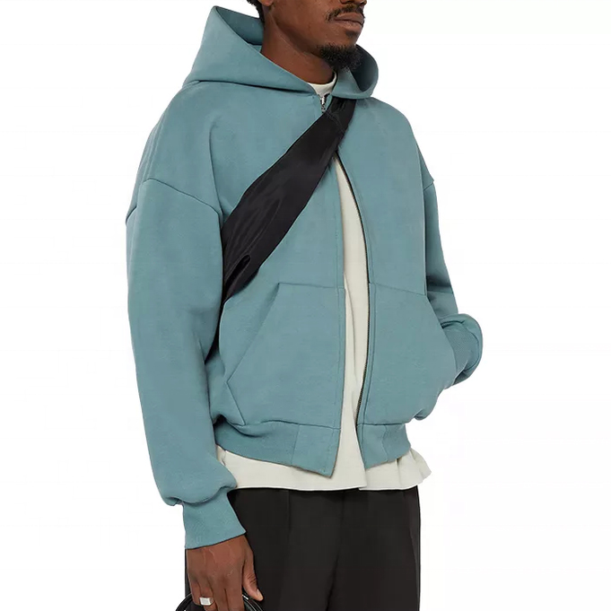 Men's Double Zipper Hoodie in Vintage Washed Style with Drop Shoulder and Cropped Design
