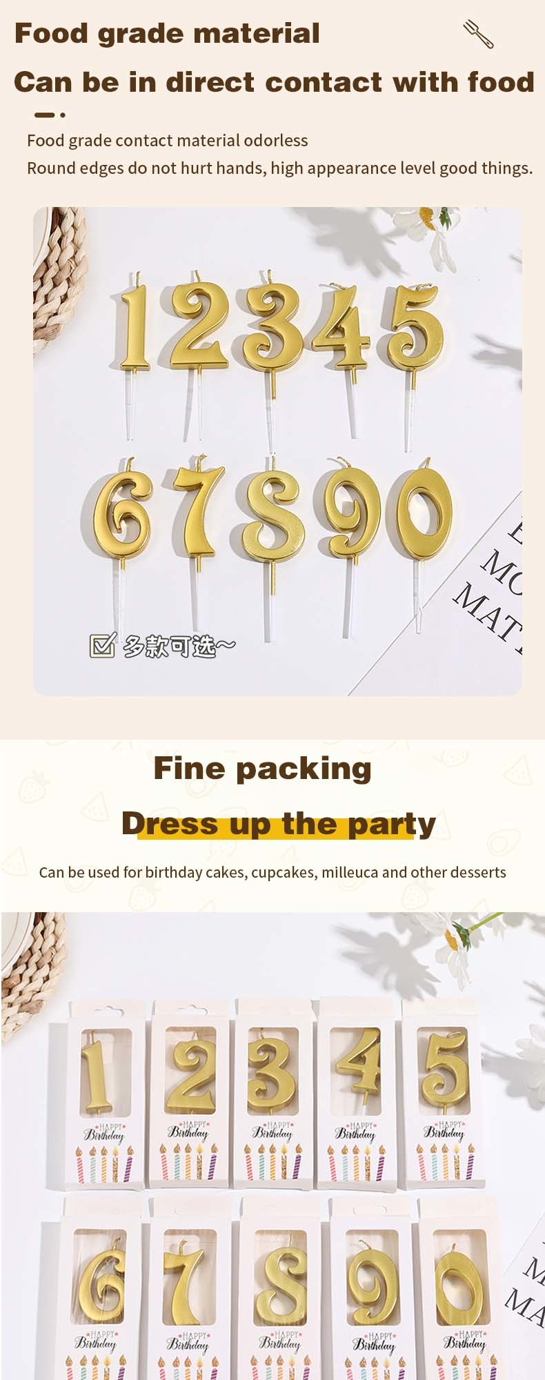 Champagne Gold Birthday Candles Number 0-9 Cake Topper Happy Birthday Decoration For Women Men Girls Boys Party