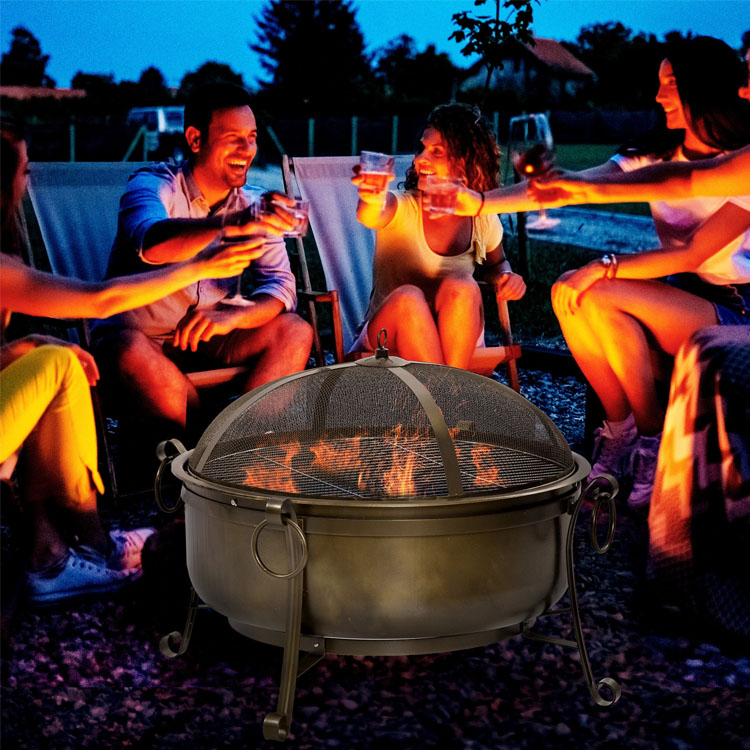Outdoor Backyard Patio Garden Fire Pit with Charcoal BBQ Grill and Cover