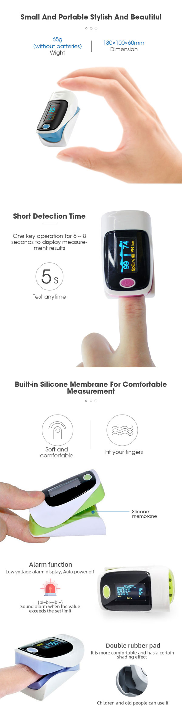 99% SpO2 4 Direction Adjustable Fingertip Pulse Oximeter With Plethysmograph
