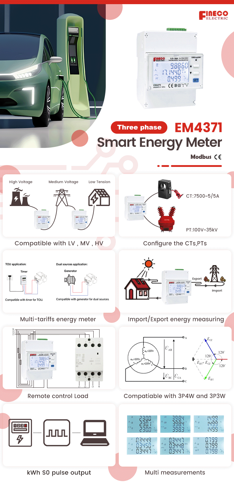 Smart Electric Energy Meter EM4371 CT 3*230/400V 1.5 6 A 4 DIN Modules for Three Phase