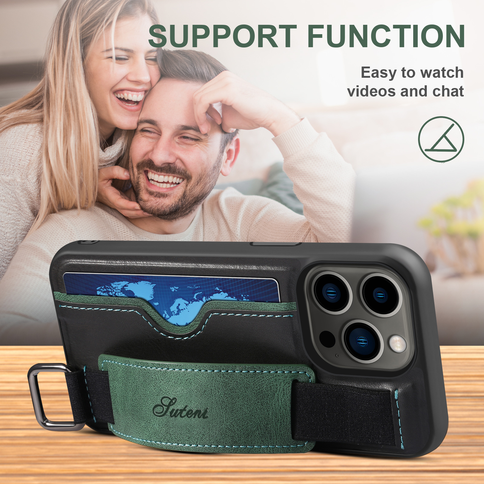 14 Pro Max Mobile Phone Case with Wrist Strap Stand and Card Slot in Green PU Leather