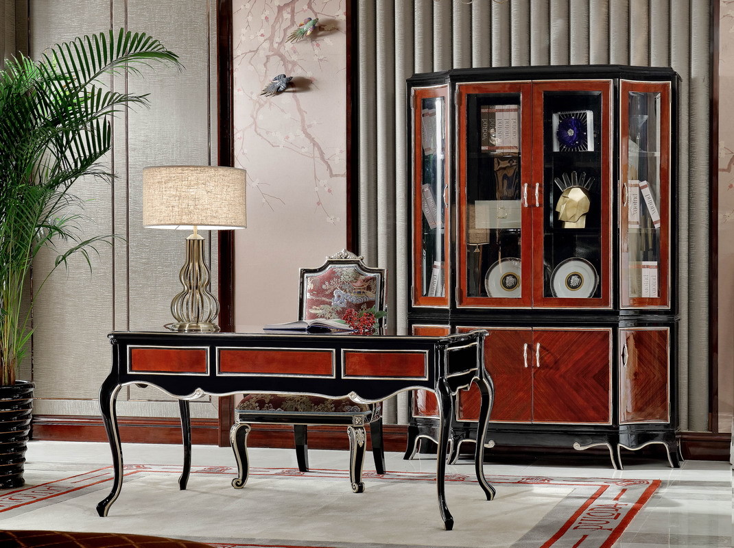 Luxury Villa house office Furniture Ebony wood Book cabients and Reading desk in glossy painting with Writing chairs