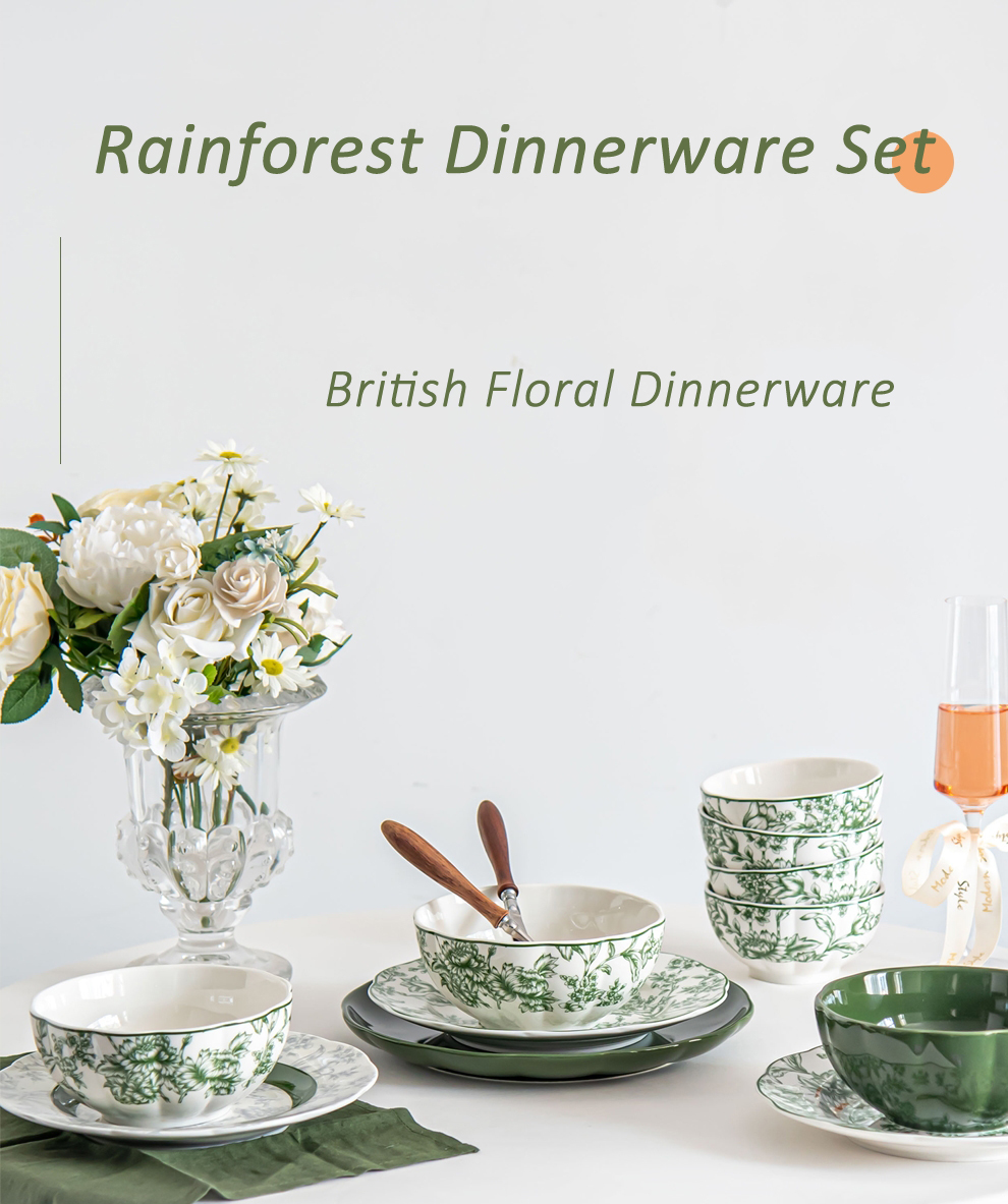 Restaurant Occasion Luxurious Green Ceramic Dinner Set With Flower Design