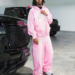 China Rhinestone Embroidered Patch Distress Sweat Suit Acid Wash Vintage logo Baggy Tracksuit Manufacturer Custom wholesale