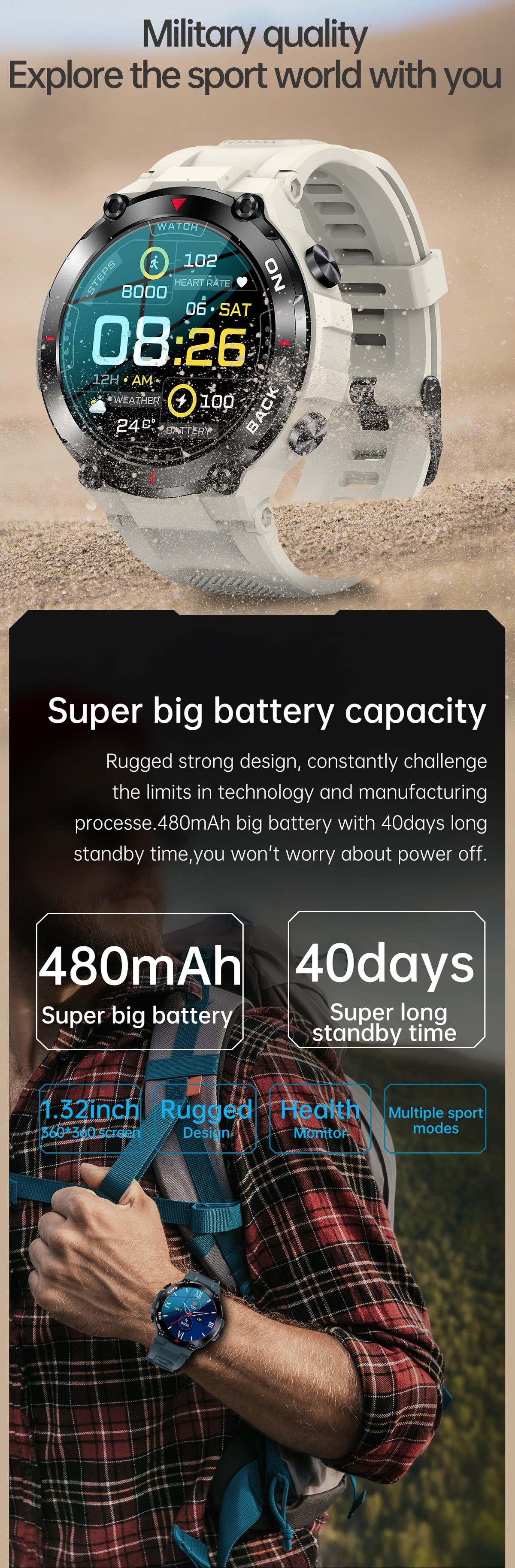 K37 AI Dial Smartwatch with GPS, Heart Rate, and Blood Oxygen Monitoring