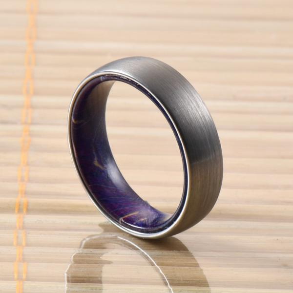 Sample Making 6mm Brushed Silver Tungsten Carbide Rings Inlay Blue Purple Box Elder Wood Flat Dome Beveled Edge Wedding Band