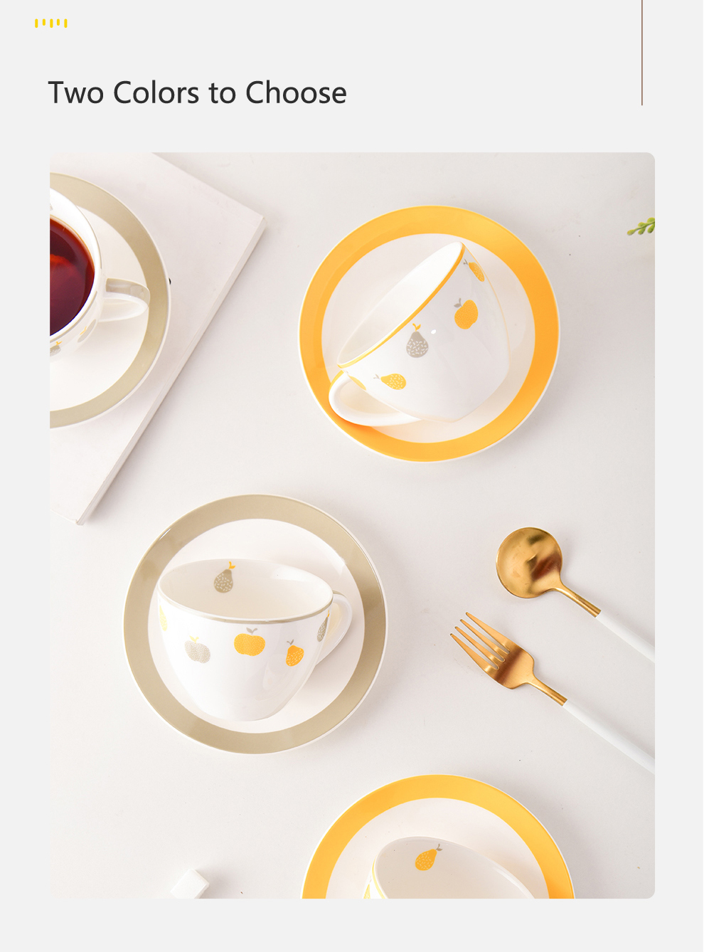 Drinkware Type Cups Saucers 250ml Volume Set Of 6 Ceramic Tea Cups With Fruit Design