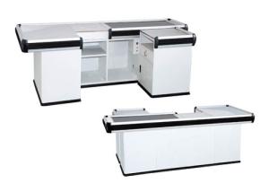 China Silver White Retail Checkout Counter / Cash Register Desk With Conveyor Belt wholesale