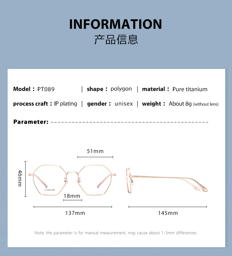 Pure Titanium Frame Glasses , Replaceable Lens Unisex Clear Glasses
