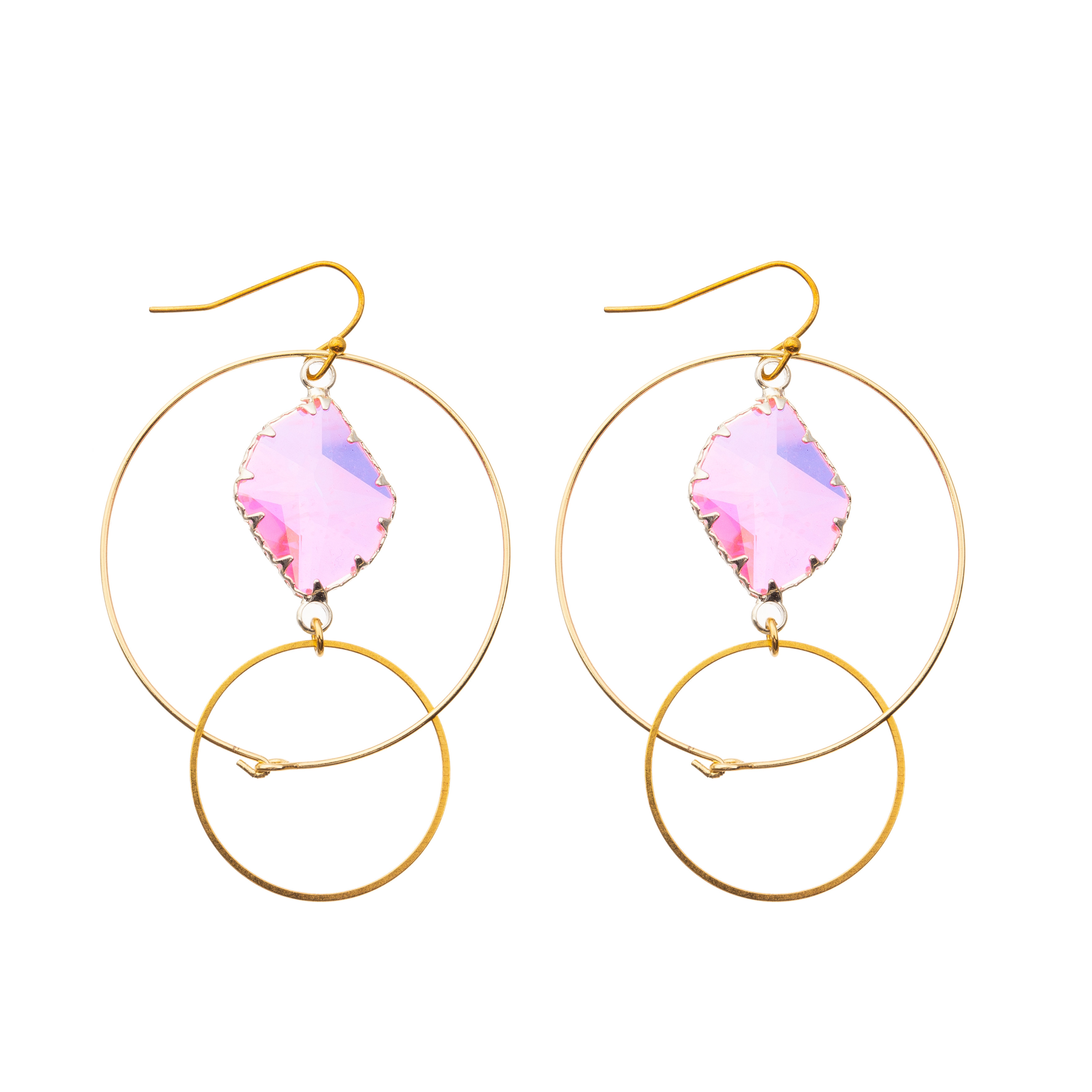Gold Plated Dangle Enamel Double Circle Loop Hoop Earrings Oval Zircon Hook Drop