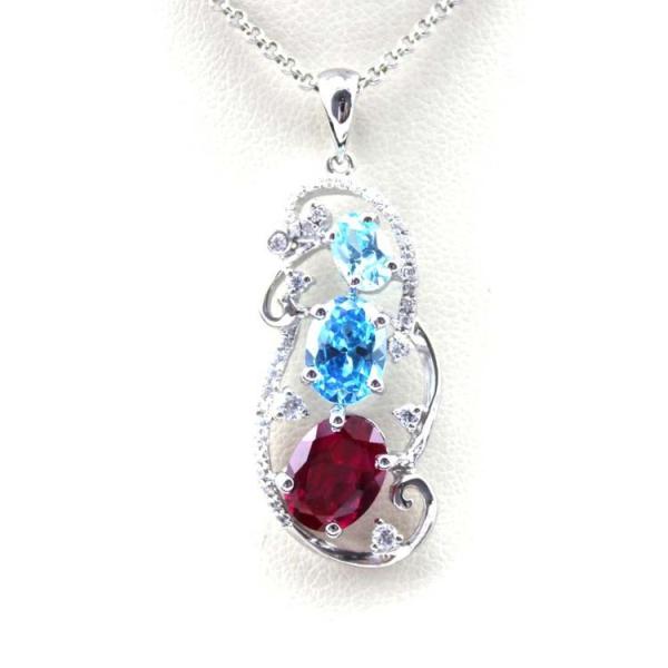 925 Silver Jewelry Oval Mix Blue Red Cubic Zircon Three Stones Pendant Necklace (PSJ0378)