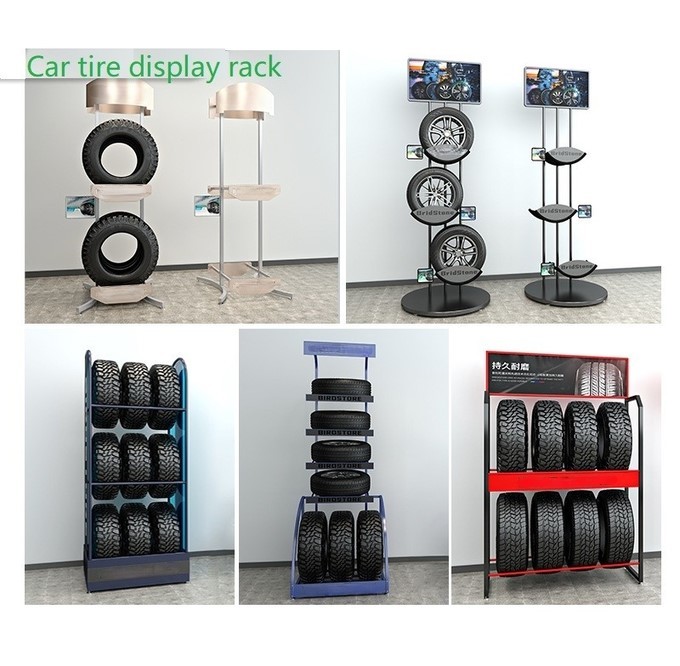 2 Layer Metal Display Stands Metal Rolling Garage Tire Storage Rack Shelving Polishing