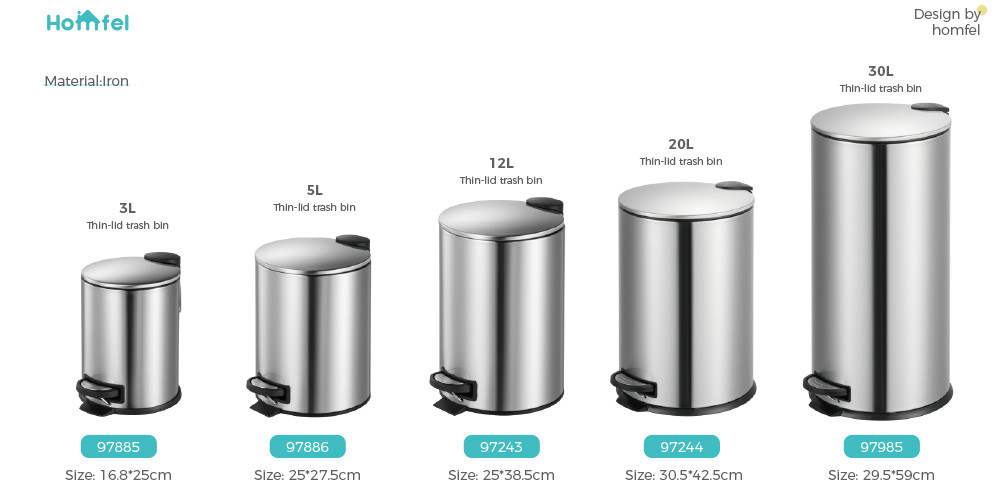 3L 5L 12L 20L 30L Iron Pedal Round Stainless Steel Trash Bin With Thin Lid Capacity