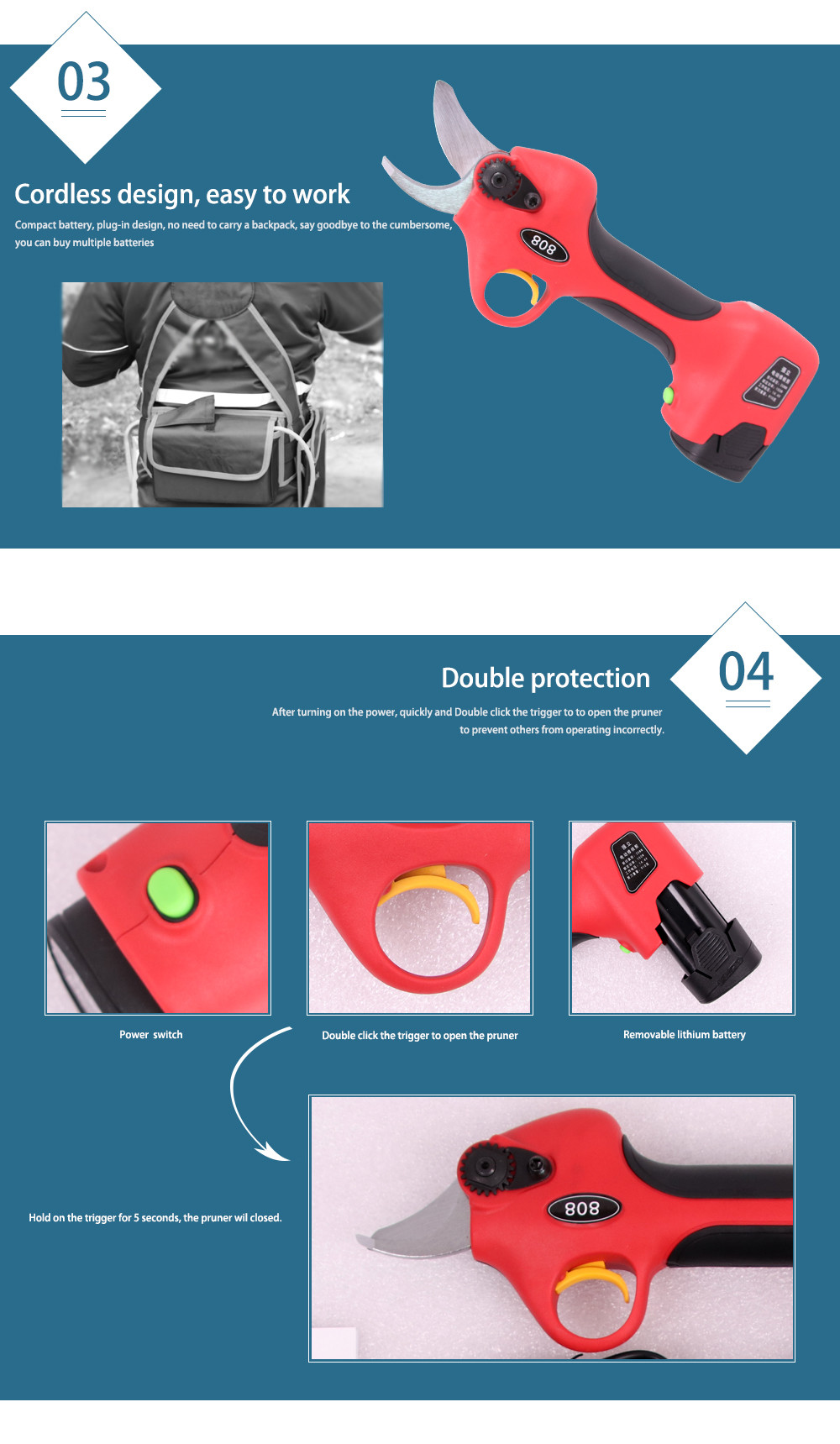 2.5CM Battery Orchard Pruer Long Time Use 14.4V Cordless Battery Powered Electric Pruners Shears Scissors for Pruning