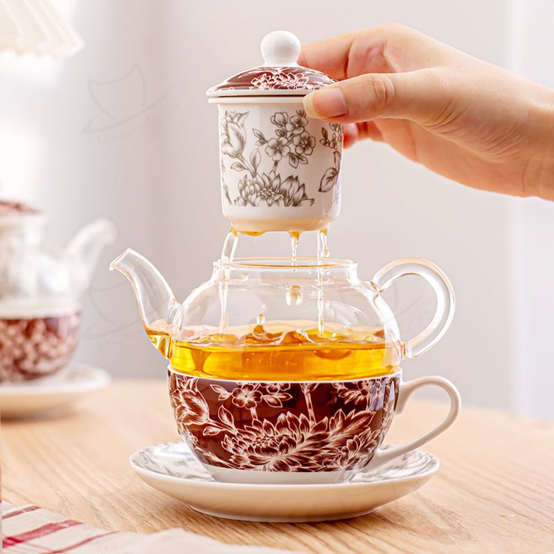 Flower Design Stackable Glass Teapot Cup And Saucer Infuser Set For Mother'S Day