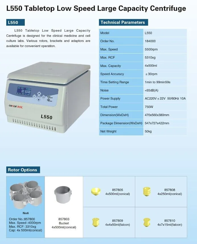 China L550 4x500ml Swing Rotor Laboratory Centrifuge With Different Adapter