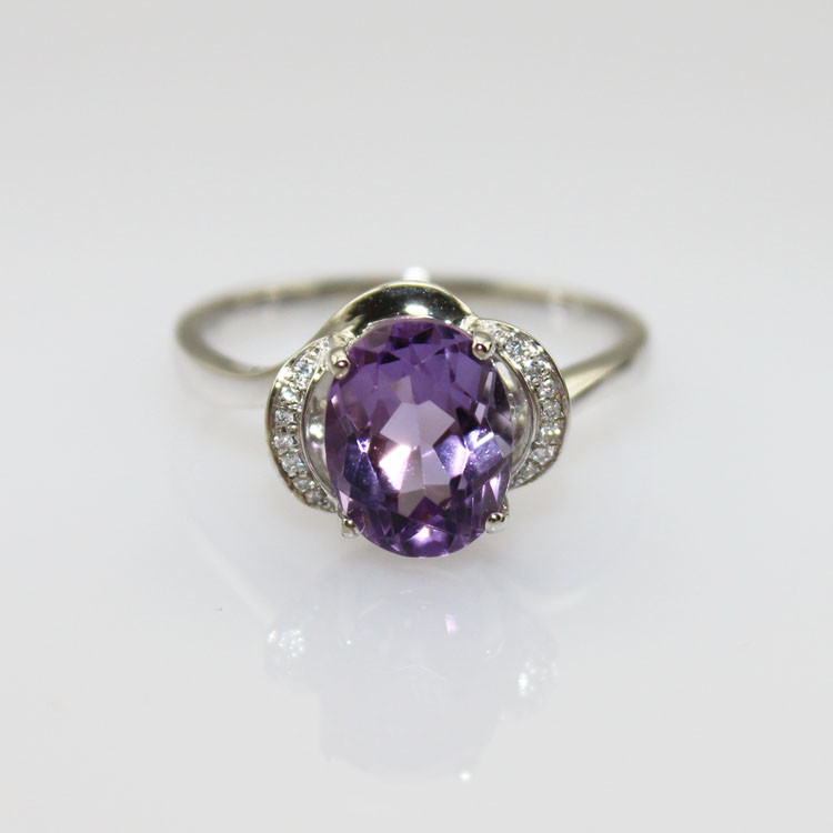 925 Silver Ring with 7x9mm Oval Amethyst Rhinestone-(F64)