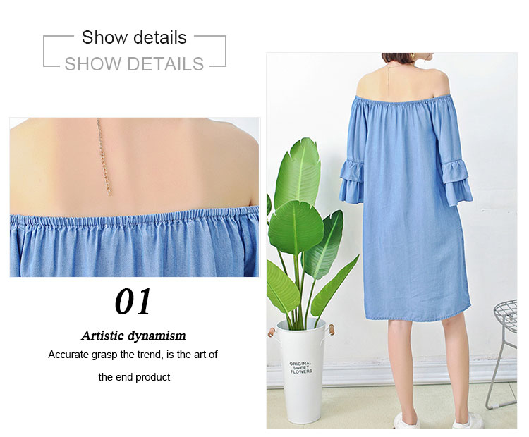 Young Ladies Denim Shirt Dress Off Shoulder Bat Wing Long Sleeve KneeLength